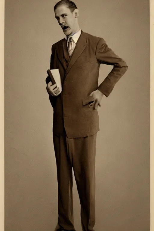 Prompt: octopus headed man, vintage full body portrait of an octopus headed man in a suit, sepia