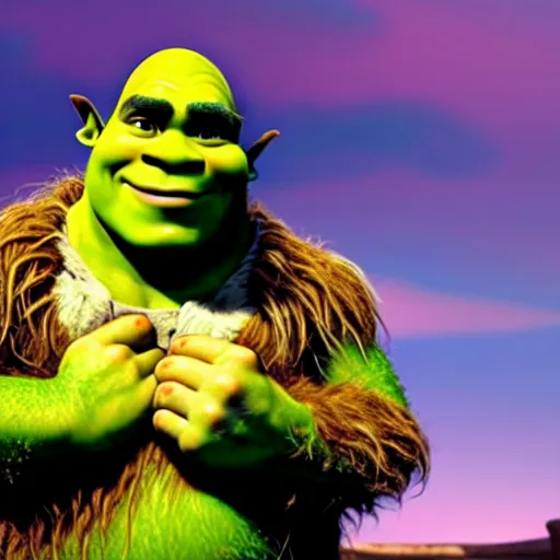 Prompt: zoomed out still from the movie shrek with chewbacca hugging shrek, highly detailed, extremely high quality, hd, 4 k, 8 k, canon 3 0 0 mm, professional photographer, 4 0 mp, lifelike, top - rated, award winning, realistic, detailed lighting, detailed shadows, sharp, no blur, edited, corrected, trending
