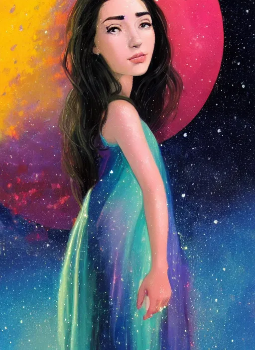 Image similar to full - length portrait of a young woman with dark hair, wearing a flowing sundress, standing in front of a colorful starry galaxy, detailed face, fantasy, cinematic lighting, digital art painting, fine details by realistic shaded lighting poster by ilya kuvshinov katsuhiro otomo, magali villeneuve, artgerm, jeremy lipkin and michael garmash and rob rey