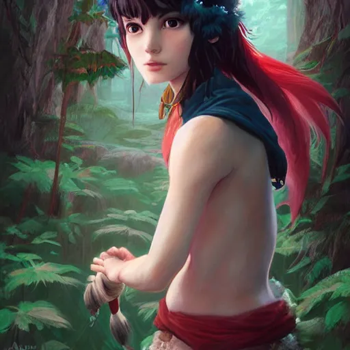 Image similar to a beautiful scenic painting of a beautiful young woman that looks like princess mononoke by artgerm and wlop and wes anderson and spike jonze