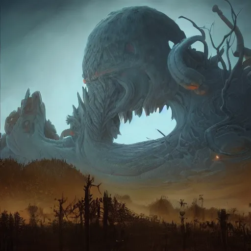 Image similar to a digital painting of a gigantic big enormous humanoid monster standing in the sky, concept art by simon stalenhag and peter mohrbacher cgsociety, vanitas, ominous, lovecraftian, speedpainting, weirdcore. hyper - realistic. photorealistic. octane render. intricate detailed masterpiece. extreme wide shot. realistic shading cinematic dynamic lighting. hdr. ray tracing
