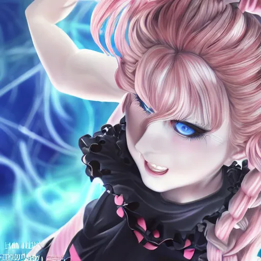 Image similar to trapped beneath stunningly absurdly huge beautiful omnipotent asi goddess junko enoshima with multiple enigmatic complex twisted deceptive mesmerizing megalomaniacal yandere personalities, symmetrical perfect face, porcelain skin, pink twintail hair and cyan eyes, ultra detailed, digital art, unreal engine 5, octane render, 2 d anime, 8 k