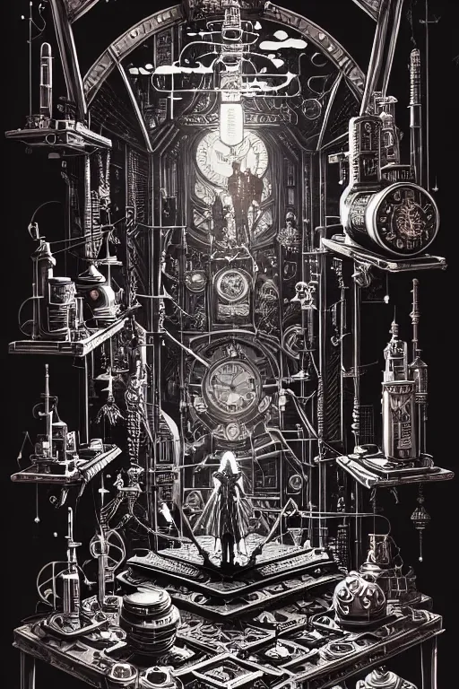 Image similar to a majestic steampunk alchemists scale, two point perspective, furniture, high details, bold line art, by vincent di fate and joe fenton, inking, etching, screen print, masterpiece, trending on artstation, sharp, high contrast, hyper - detailed,, hd, 4 k, 8 k