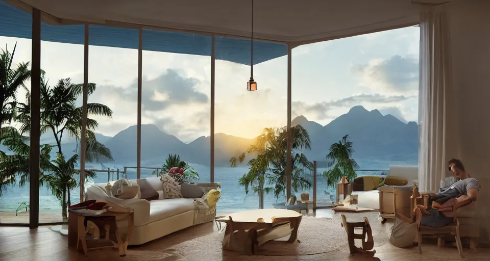 Image similar to big window, mountains in background, cloud forest in background, tropical beach in background, late afternoon sunset, dramatic lighting, holiday vibes, living room, furniture, IKEA catalogue, futuristic, ultra realistic, ultra detailed, cinematic light, anamorphic, wooden floored balcony, by Paul Lehr