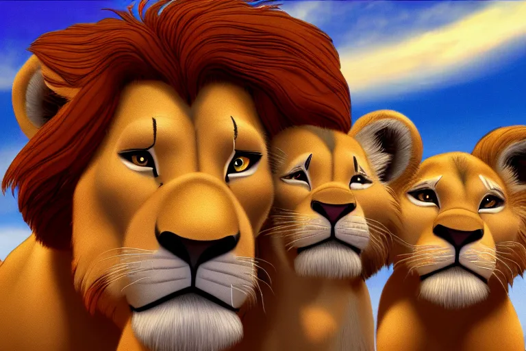 Image similar to simba, mufasa and sarabi from lion king looking at joe biden, symmetry, awesome exposition, very detailed, highly accurate, 8 k, furry