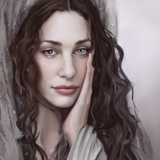 Image similar to 8 5 mm f 1. 8 portrait of a girl that is a mixture between liv tyler and carice van houten, she is about 2 5 years old, long curly hair, very tall and slender, she is wearing a elven robe, highly detailed, digital painting, artstation, concept art, smooth, sharp foccus ilustration, artstation hq