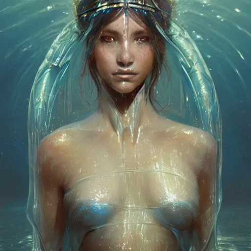 Image similar to a beautiful portrait of a water goddess with transparent skin by Greg Rutkowski and Raymond Swanland, Trending on Artstation, fishes background, ultra realistic digital art