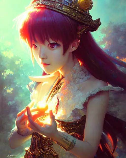 Image similar to mirei kiritani as anime girl, mushroom kingdom, fantasy character portrait, concept art, sorceress, magical aura, bright, interesting angle, intricate details, highly detailed by greg rutkowski, gaston bussiere, simon bisley