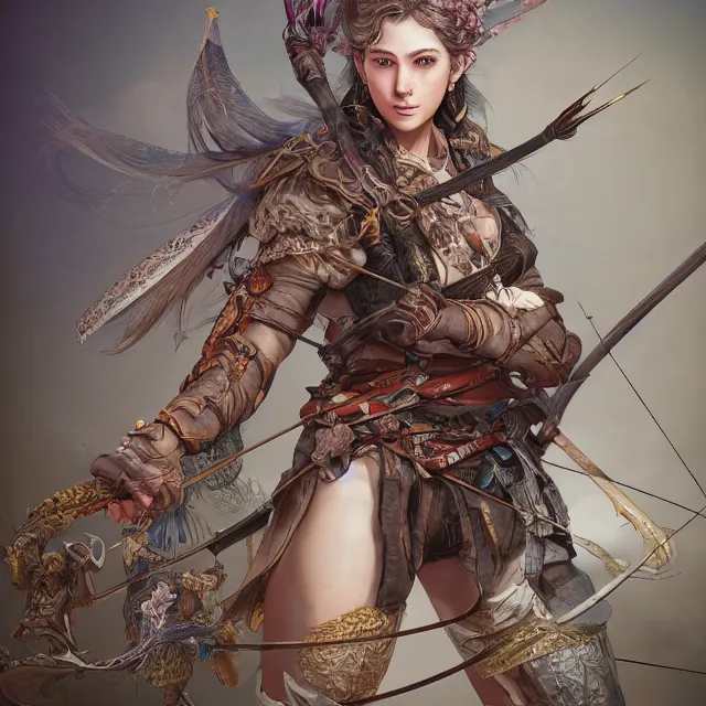 Image similar to the portrait of lawful neutral semi - colorful female archer huntress as absurdly beautiful, gorgeous, elegant, young girl, an ultrafine hyperdetailed illustration by kim jung gi, irakli nadar, intricate linework, bright colors, octopath traveler, final fantasy, unreal engine 5 highly rendered, global illumination, radiant light, detailed and intricate environment