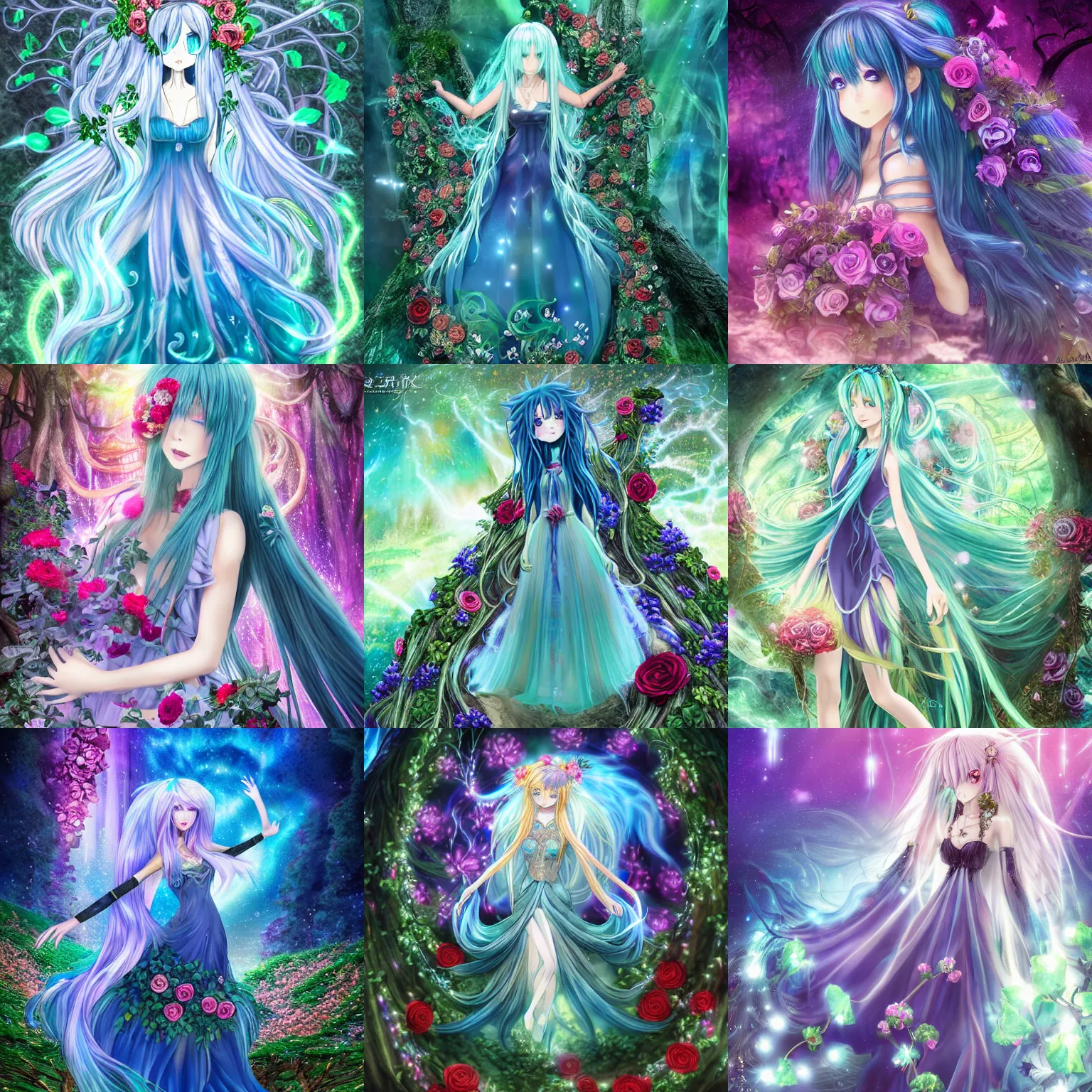 Image similar to 3 d anime magical goddess with long blue hair in a dress made of ivy and roses in a mythical forest, aurora borealis, roger magrini, leticia gillett, skeeva, nika maisuradze, billelis, christian behrendt, zigor samaniego, joannie leblanc