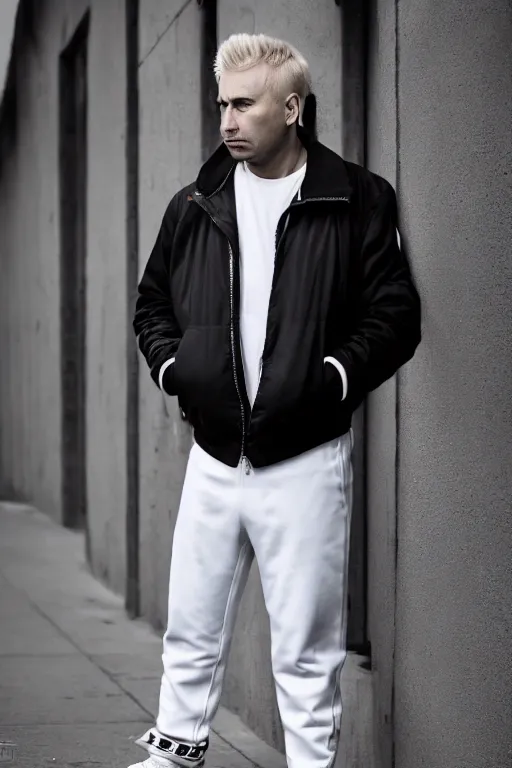 Prompt: extreme long shot. 35 years old alcoholic blonde russian man in white adidas pants. black jacket. white sneakers. sad face. staying on the street. 4k, 8k, hyprerealistic, extreme hight detail, trending on artstation, masterpiece