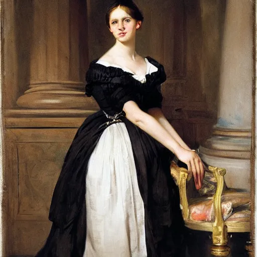 Image similar to full body portrait of a young german princess standing by a chair by Franz Xaver Winterhalter and Andreas Herman Hunæus painted in the 1860s, romanticism, vivid, fancy, beautiful face, rococo, clear, coherent
