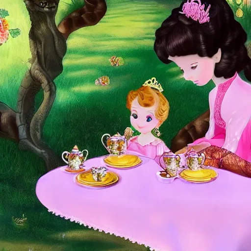 Image similar to A beautiful young little princess and a regal ancient dragon have a tea party