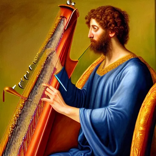 Prompt: detailed hyper - realistic painting of king david playing the harp