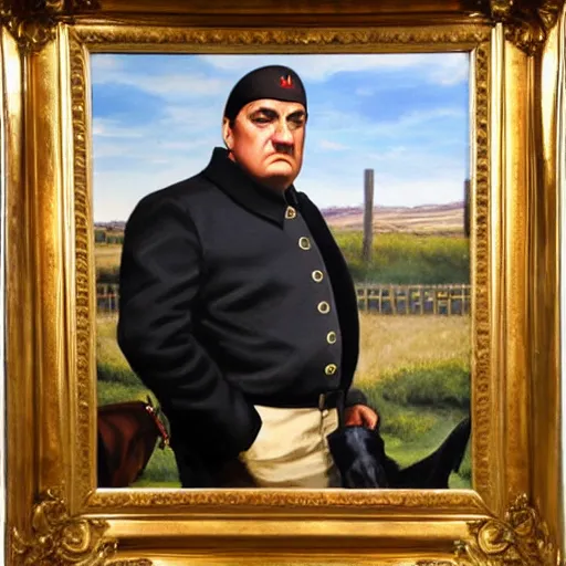 Prompt: Tony Soprano dressed wearing napolean uniform, oil painting, horse in background, wide shot, high detail
