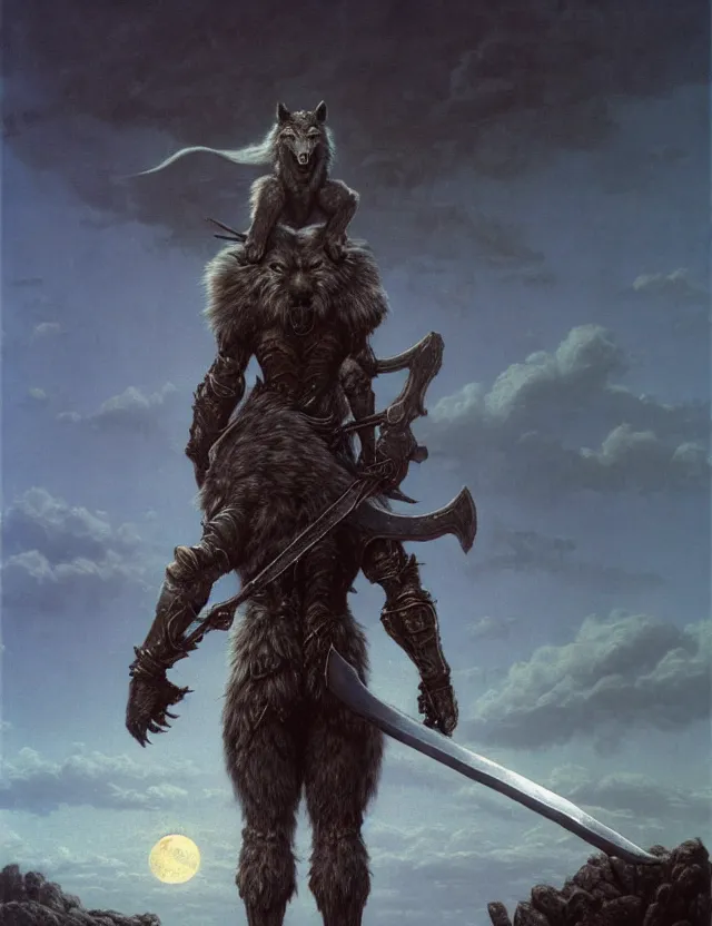 Prompt: a bipedal wolf that is wearing full iron plate armor, and holding a colossal sword, over his shoulder, as a matte oil painting and d & d character art, by beksinski, standing, fullbody, fluffy tail, full moon, cumulus clouds, award - winning, extremely detailed, sharp focus