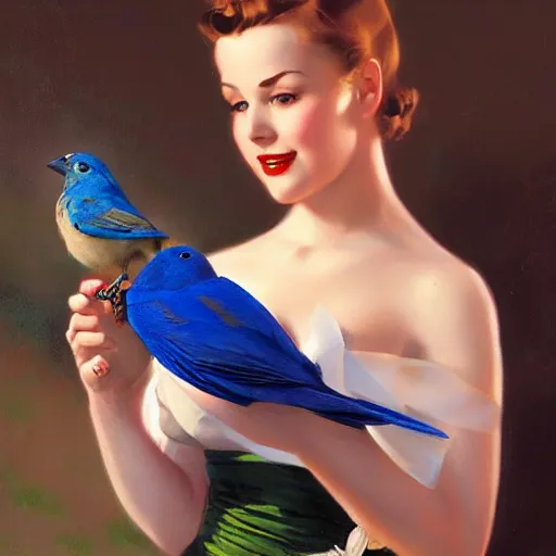 Image similar to portrait of a pinup girl holding an indigo bunting, bird, the bird is wearing a bowtie, by greg rutkowski, rossdraws, gil elvgren, enoch bolles