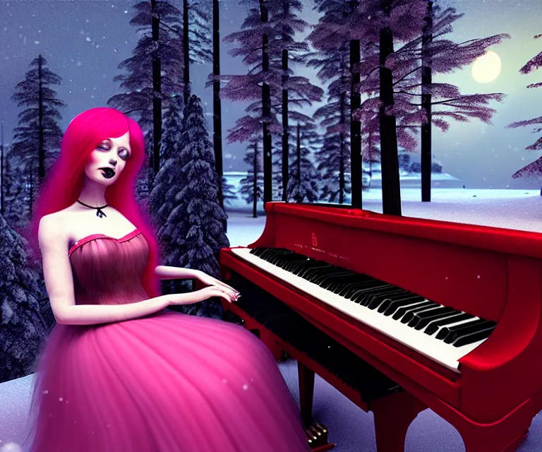 Image similar to a photorealistic rendering of a beautiful face gothic girl, pink hair in a stunning red dress playing a piano in the dark snowy forest by randolph stanley hewton, cg society contest winner, matte painting