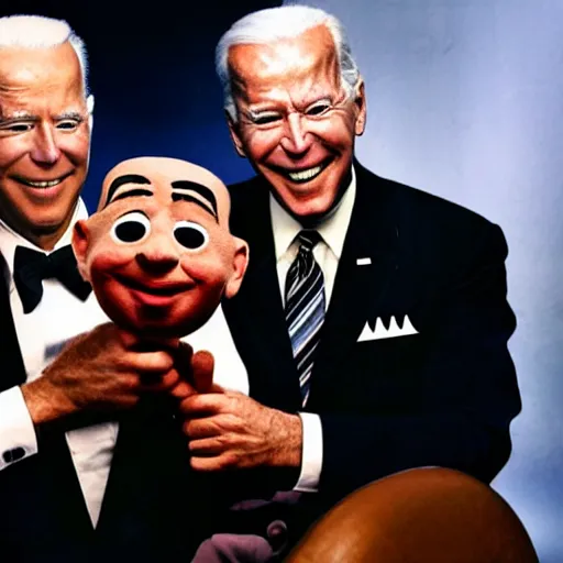 Image similar to UHD candid color photo of 'Klaus Schwab wearing Nazi uniform' holding a 'ventriloquist dummy of Joe Biden', accurate faces, UHD, photorealistic, correct face, photo by Annie Leibowitz