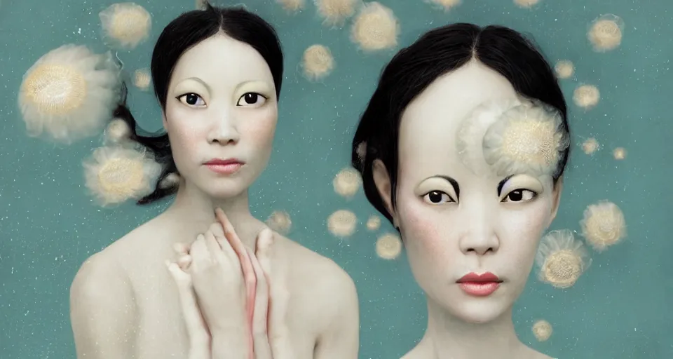 Image similar to closeup shot of asian female wearing a luminous soft fragile jelly fish dress, symmetrical face, by ray caesar, by louise dahl wolfe, by andrea kowch, by anna claren, surreal photography