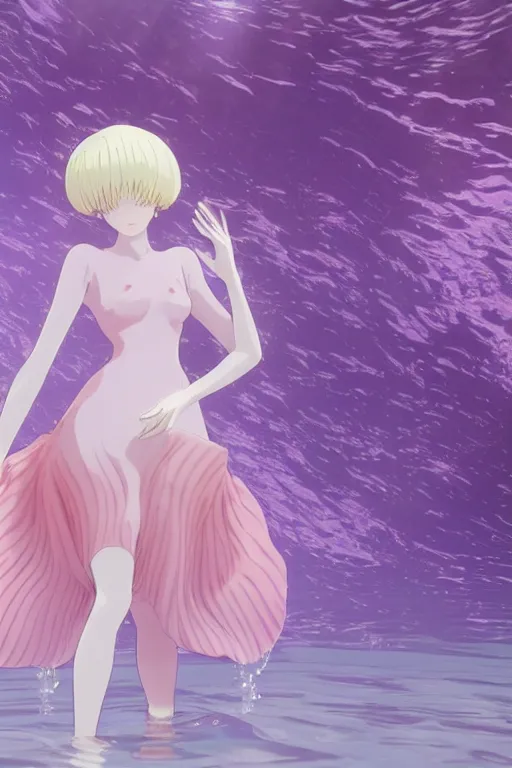 Prompt: 3D CG anime Land of the Lustrous Houseki no Kuni character Ventricosus translucent very light pink jelly woman with thick chest size and pink transparent bouffont dress frills hair in a bun standing at the bottom of the ocean near the surface, sun rays shine through the water, facing the camera, beautiful composition, 3D render, cel shaded, 8k, key visual, made by Haruko Ichikawa, Makoto Shinkai, studio Ghibli, Kyoto Animation