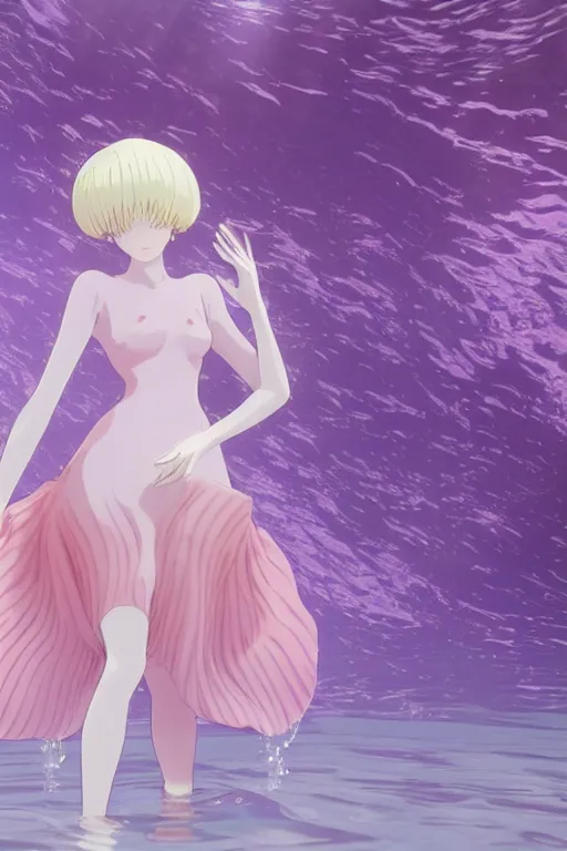 Image similar to 3D CG anime Land of the Lustrous Houseki no Kuni character Ventricosus translucent very light pink jelly woman with thick chest size and pink transparent bouffont dress frills hair in a bun standing at the bottom of the ocean near the surface, sun rays shine through the water, facing the camera, beautiful composition, 3D render, cel shaded, 8k, key visual, made by Haruko Ichikawa, Makoto Shinkai, studio Ghibli, Kyoto Animation