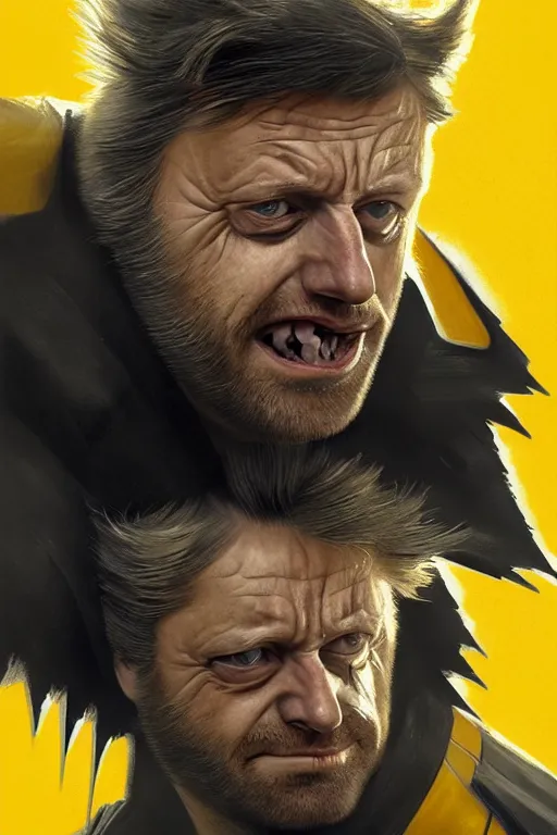 Image similar to Boris Johnson as Wolverine, portrait, yellow X man costume, highly detailed, digital painting, artstation, concept art, smooth, sharp focus, illustration, cinematic lighting, art by artgerm and greg rutkowski and alphonse mucha