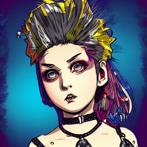 Prompt: punk little girl, profile picture, vintage fashion, highly detailed, reflection, 8 k, realistic artwork, hd, inspired by jojo bizarre adventure, 9 0 s anime art style