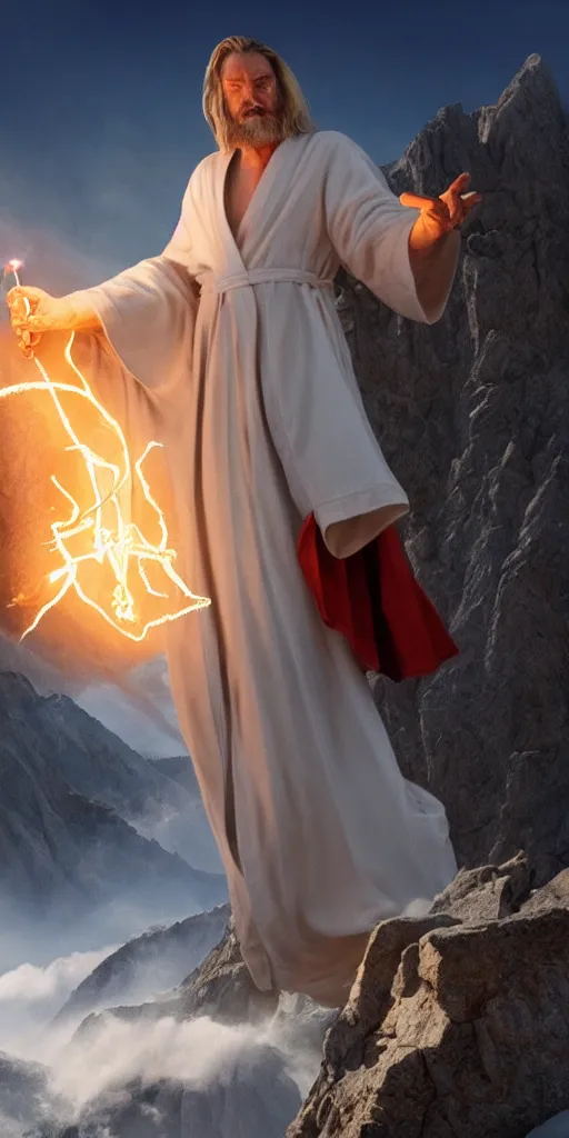 Prompt: a wizard casting lighting spells with a billowing robe in the mountains, epic, majestic, powerful