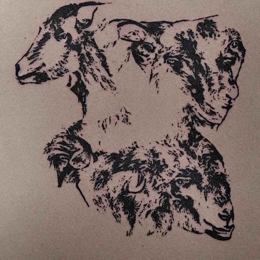 Prompt: A tatoo stencil of a goat biting a cinnamon churro