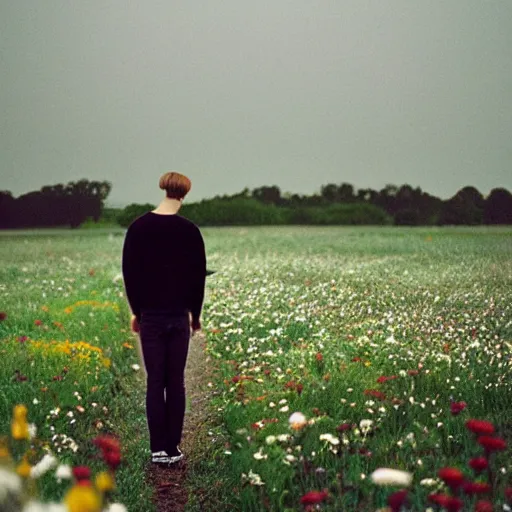 Image similar to close up kodak portra 4 0 0 photograph of a skinny guy standing in field looking at a tornado of flowers, back view, moody lighting, telephoto, 9 0 s vibe, blurry background, vaporwave colors, faded!,