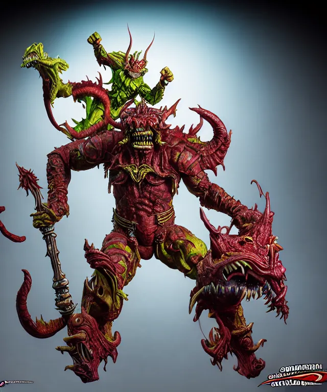 Image similar to hyperrealistic rendering, epic boss battle, ornate supreme demon overlord, by art of skinner and richard corben and jeff easley, product photography, action figure, sofubi, studio lighting, colored gels
