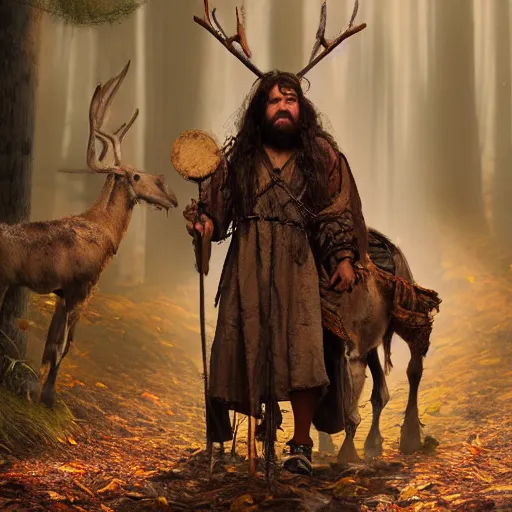 Image similar to hippie tribal hobo wearing twigs and leaves smiling sheepishly, riding tiny scuffy donkey with novelty oversized antlers, autumn forest, highly detailed, dramatic lighting, night time, cinematic, hyperrealistic, detailed, movie still from game of thrones