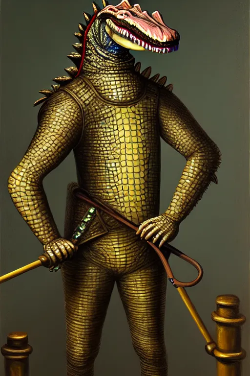 Image similar to royal portrait of an anthropomorphic male alligator fursona in fencing gear, furry art, oil on canvas, dramatic