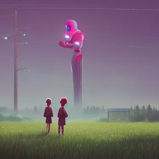 Image similar to a young girl and her tall humanoid robot going on a trip together, in a field, detailed, cinematic, cinematic lighting, by Simon Stalenhag