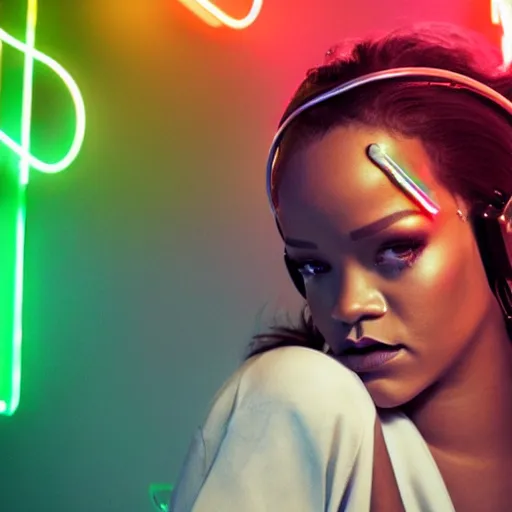 Prompt: portrait of rihanna as a futuristic cyborg, surrounded by neon lights, cinematic, fantasy