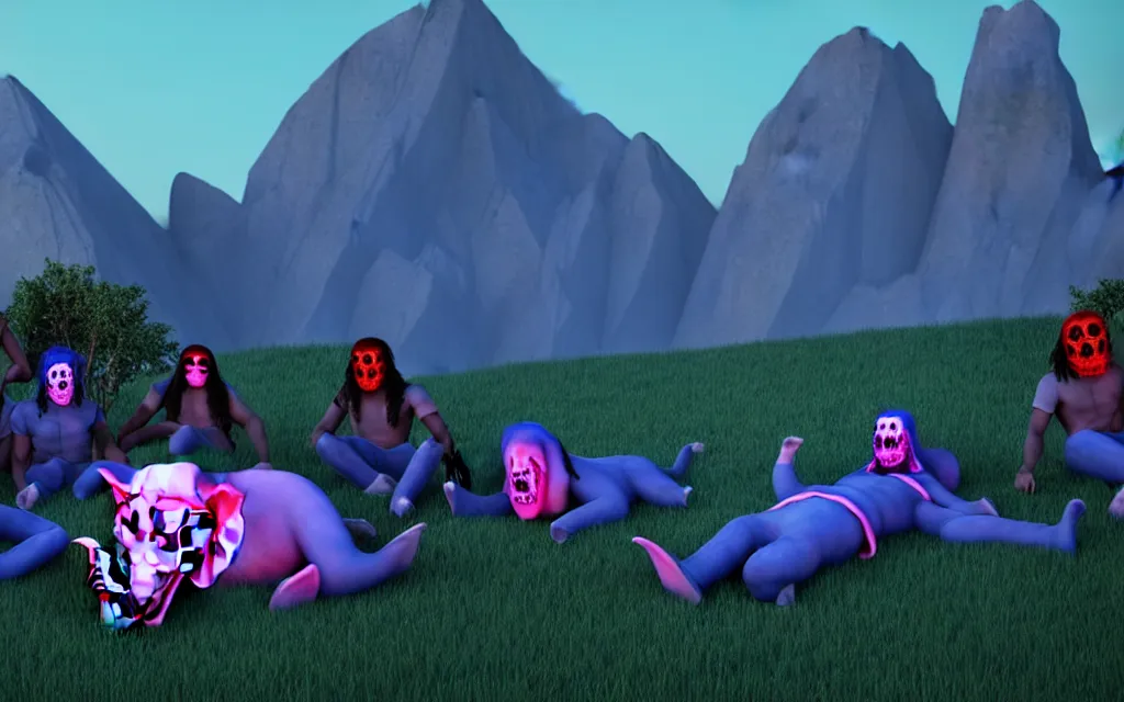 Image similar to a crowd of necromancers dressed in blue around a person in green clothing and a pink elephant face mask, lying on top of a rectangular rock in the center, mountains in the background, twilight lighting, ultra realistic, cycles render engine, 8 k,