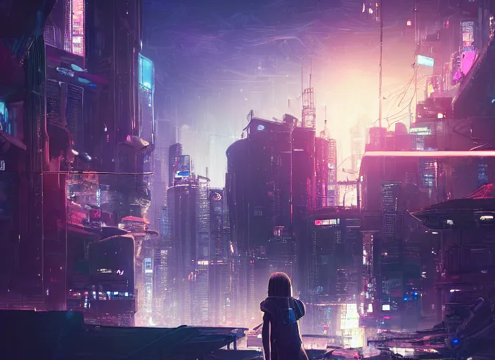 Prompt: girl staring at a meteorite hitting a floating cyberpunk city at night by wlop, key visual, high detail, digital art