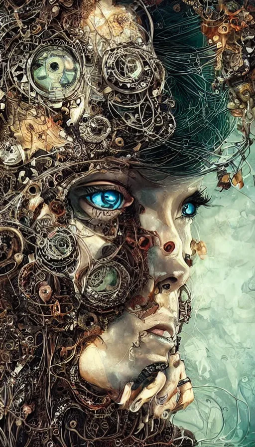 Prompt: beautifully stunning stonepunk woman_integrating_with_technology_full_face_insipiring_detailed_intricate_ornate_cables_connected_to_head_big_open_electric_eyes_ the_singulairty is now by android jones