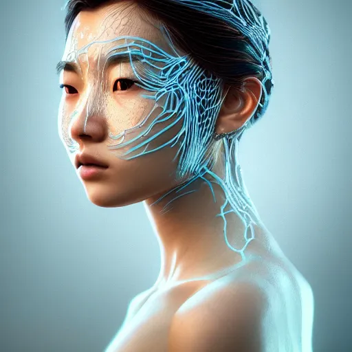 Image similar to intricate highly detailed face portrait of asian - european woman, light blue water vines on her face, intricate, cgsociety, beeple, unreal engine, octane render, sharp focus, smooth, volumetric lighting, cinematic composition, artstation