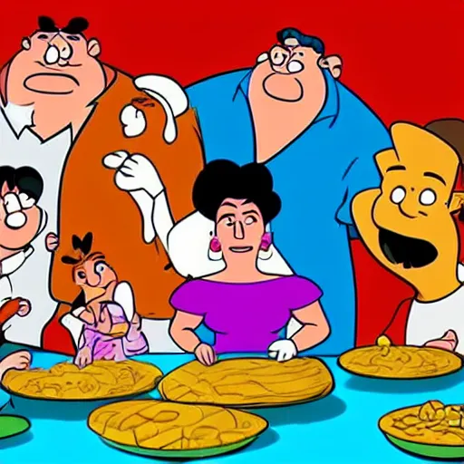 Prompt: The Flintstones eating tamales, animated, by Hanna Barbera