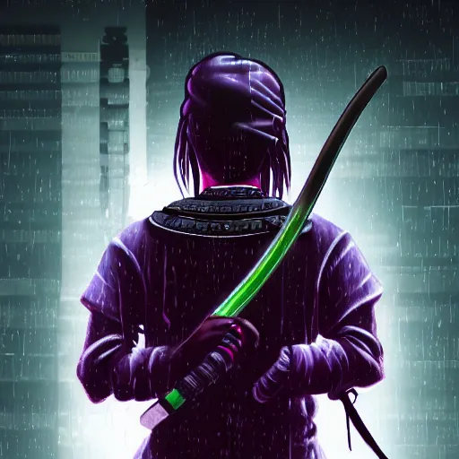 Image similar to realistic detailed portrait of a lone samurai with prosthetic hands, a purple blindfold and a high-tech katana behind his back, clothing in dark deep colors, cyberpunk style, rainy weather and evening, neon lights, 4K, masterpiece