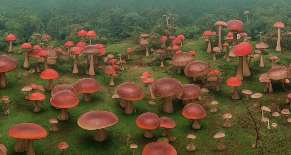 Image similar to A tribal village in a forest of giant mushrooms, by Wes Anderson,