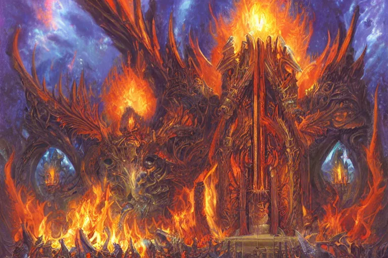 Prompt: Seat of the Lord of Flame, artwork by Ralph Horsley