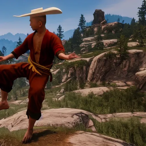 Image similar to Baby shaolin monk practicing kung fu on a mountain top, RDR 2 mod