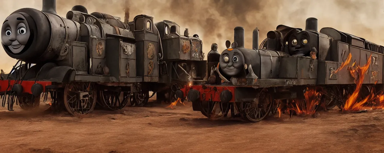 Image similar to Thomas the Tank Engine in the fiery Wasteland of MAD MAX: FURY ROAD