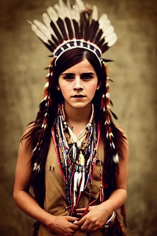 Image similar to “Photo of Native American indian woman Emma Watson, portrait, skilled warrior of the Apache, ancient, realistic, detailed, emma watson”