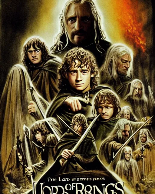 Prompt: lord of the rings poster done with art by tom jung