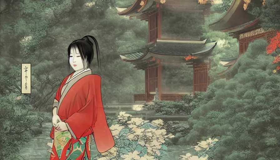 Image similar to eizin suzuki style digital painting of a beautiful girl in japan, looking out a window at a temple garden filled with yokai and spirits, uhd, high detail,