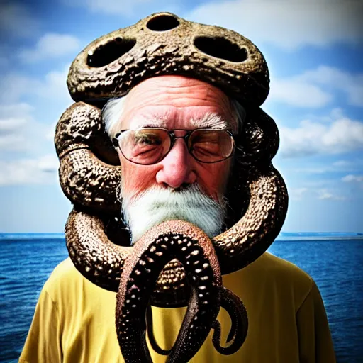 Prompt: old man with clams in his eyes and tentacle hair